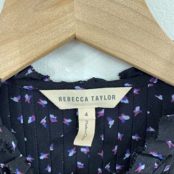 Rebecca Taylor Black Purple White Printed Silk Ruffle Detail Blouse Size 4 - Picture 4 of 9